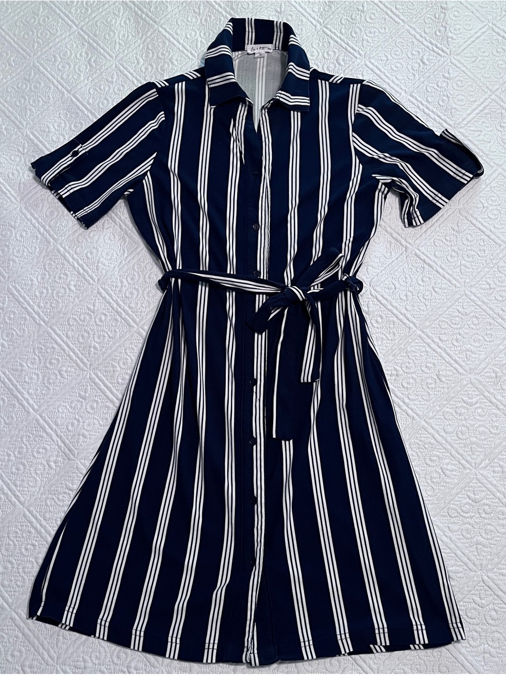 Women's Navy & White Striped Shirt Dress with Tie Waist - Size S